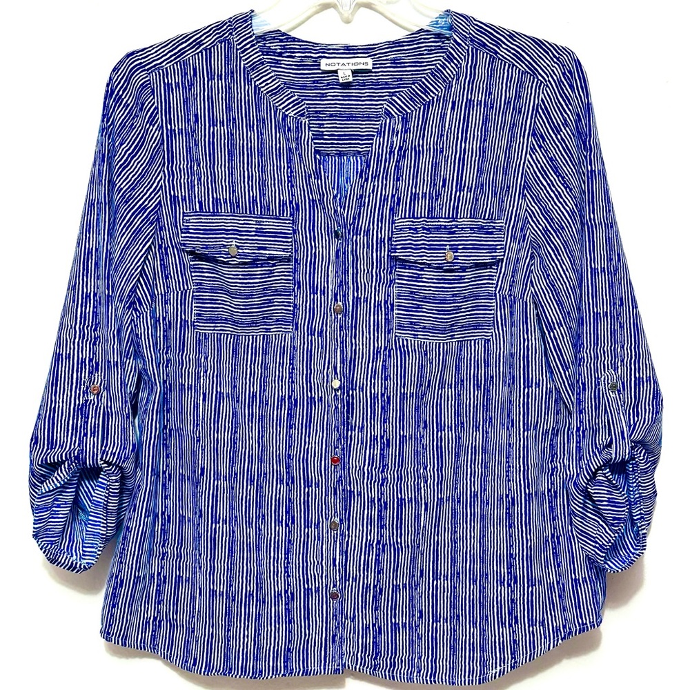 Notations Blue and White Stripe Striped Shirt Blouse Button Up 3 Quarter Sleeve